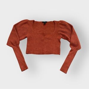 Forever 21 Rust Orange Ribbed Knit Puffy Sleeve Cropped Sweater Top - Fall